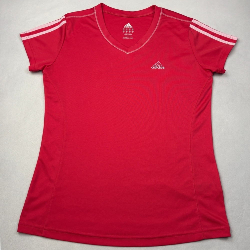Adidas Womens‎ Small Active V-Neck T-Shirt Red Pink 3-Stripe Short Sleeve Top S